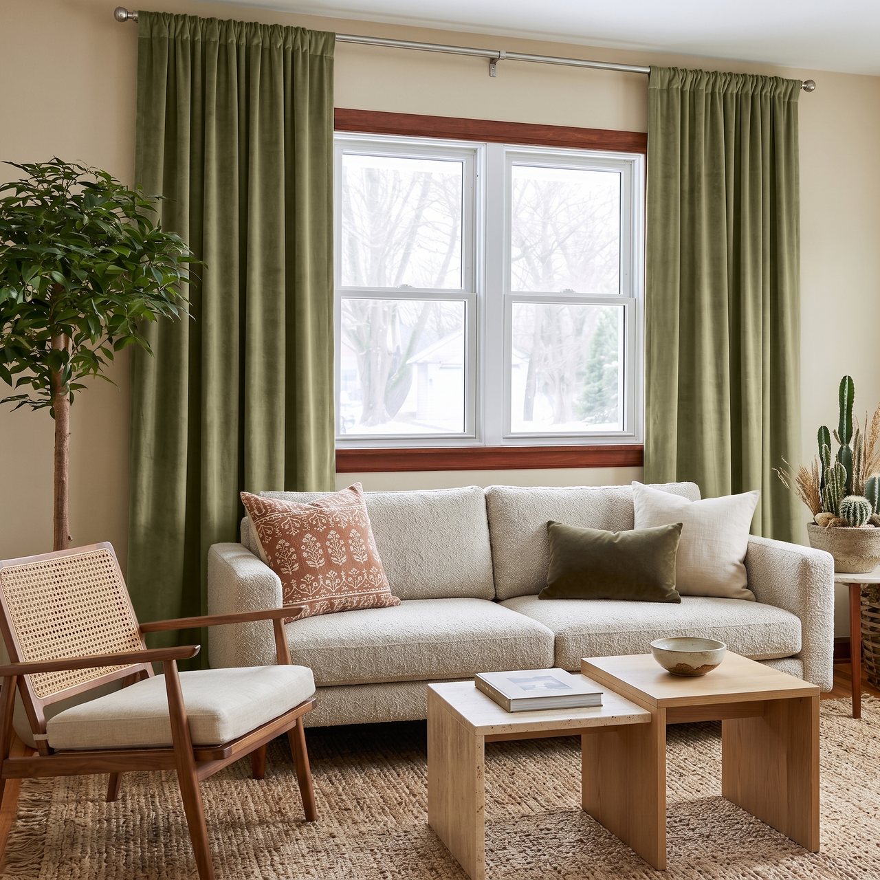 Olive Green Velvet Rod Pocket Curtains in a Cozy Living Room with Warm Beige Walls