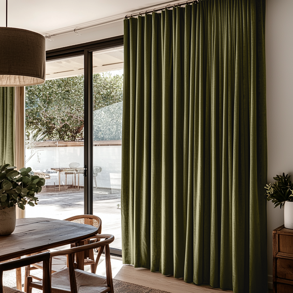 Olive Green Velvet S-Fold Blackout Curtains for Sliding Doors in a Dining Room with Off-White Walls