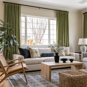 Olive Green Velvet S-Fold Curtains in a Contemporary Living Room with Warm Beige Walls