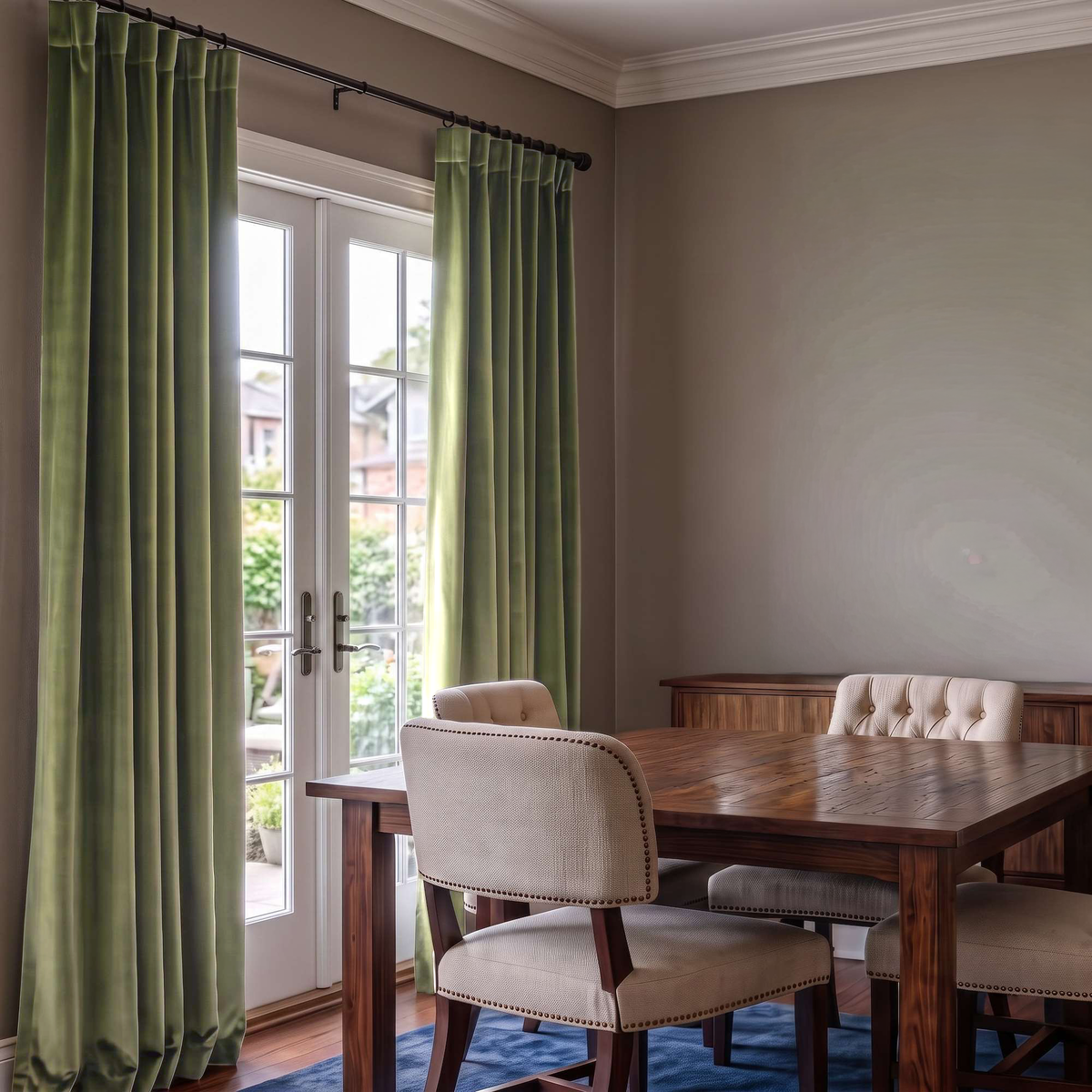 A pair of long sage green velvet curtains hanging on a black rod over a set of French doors in a dining room with a wooden table and upholstered chairs.