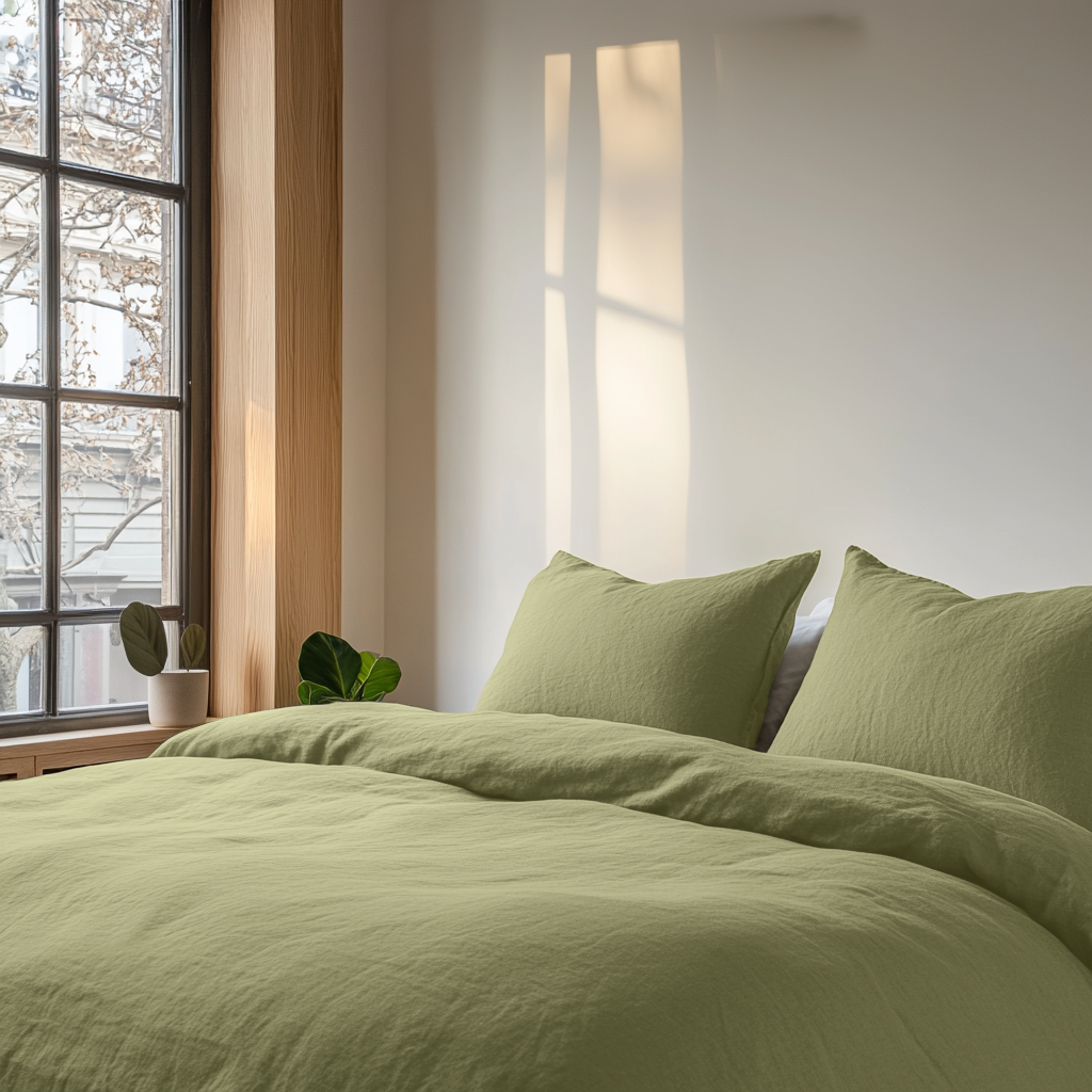 Olive Green Washed Linen Duvet Cover Set