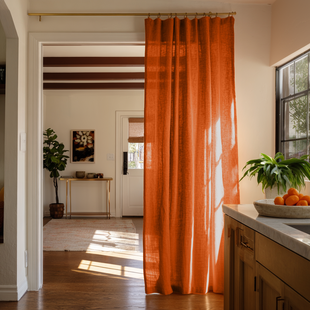 Orange Linen Doorway Curtain with Multitape