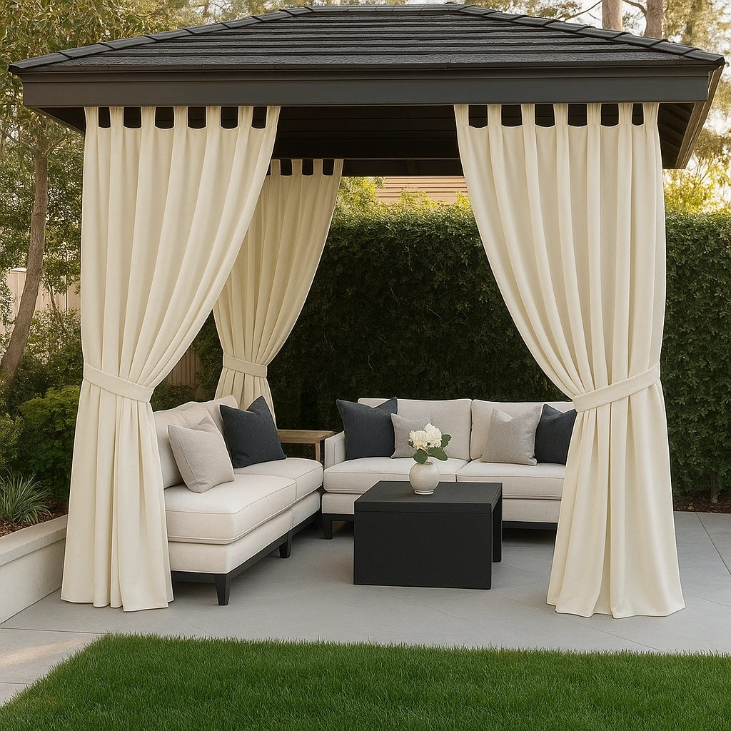 Triple-Weave Outdoor Blackout Curtains For Gazebo - Ivory - Tab Top