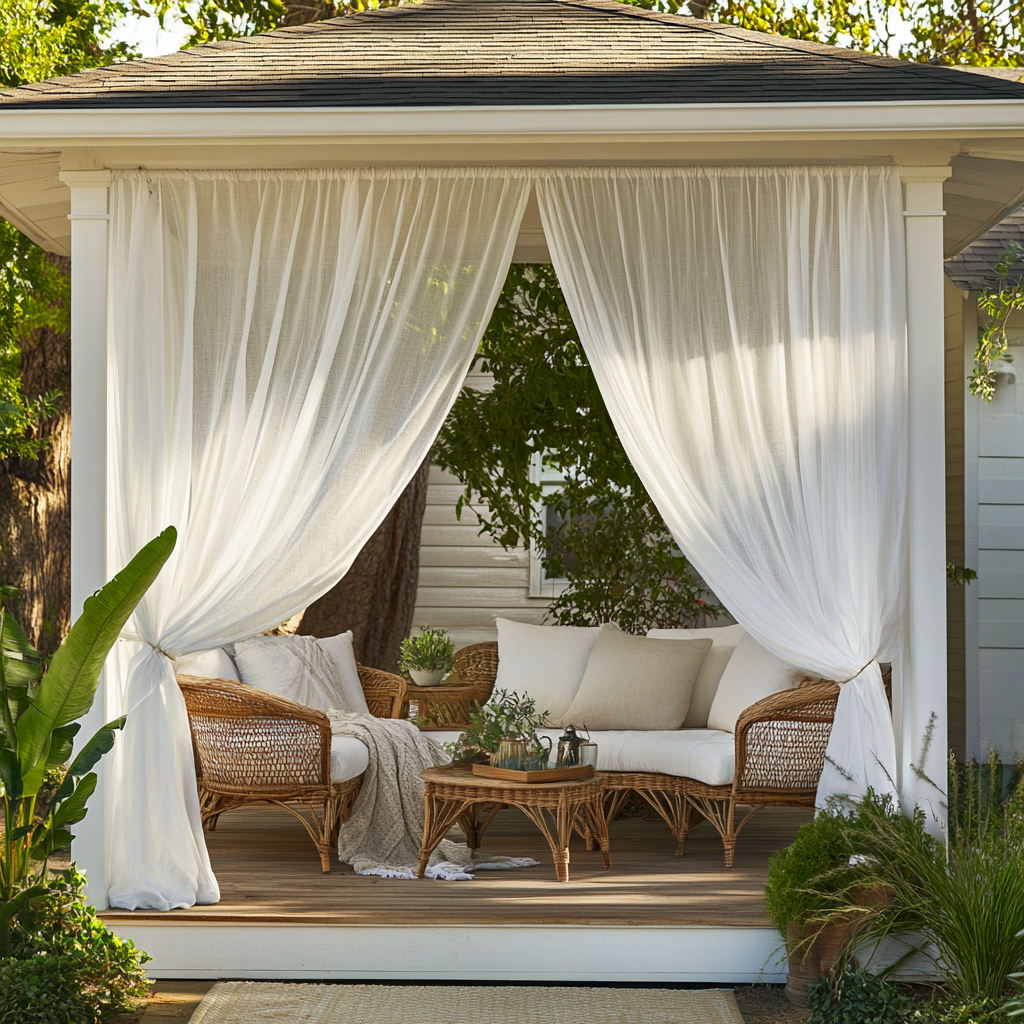 Off-White Sheer Linen Outdoor Rod Pocket Curtains for Gazebo