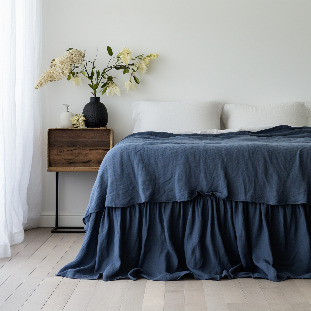 Peacock Blue Linen Bed Skirt Valance with Gathered Ruffles