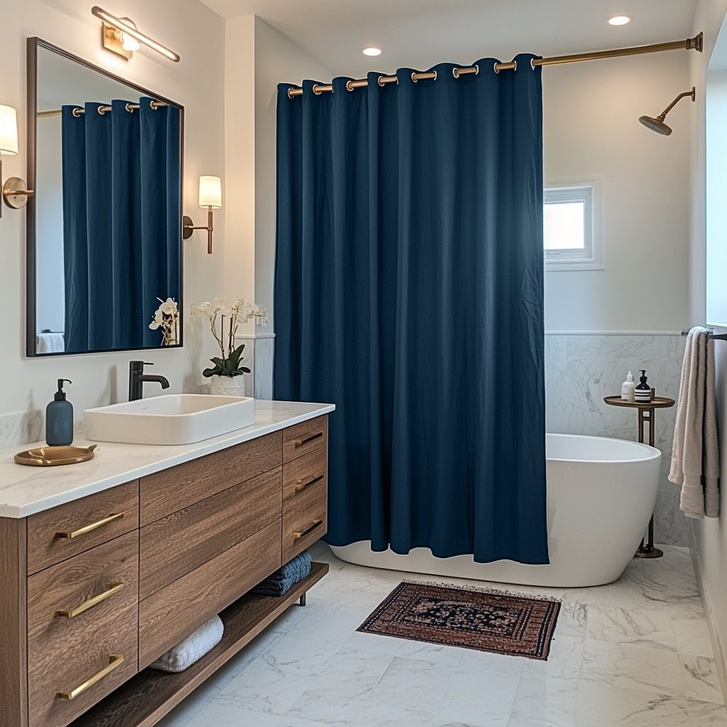 Peacock Blue Hookless Linen Shower Curtain