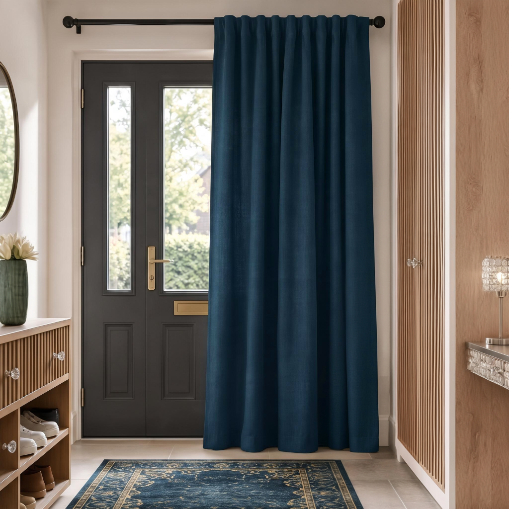 Thermal Door Curtains in a Hallway with Off-White Walls and a Wooden Slatted Wardrobe