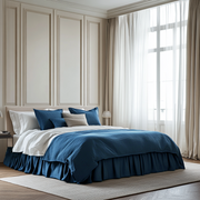 Peacock Blue Linen Bed Skirt Valance with Gathered Ruffles