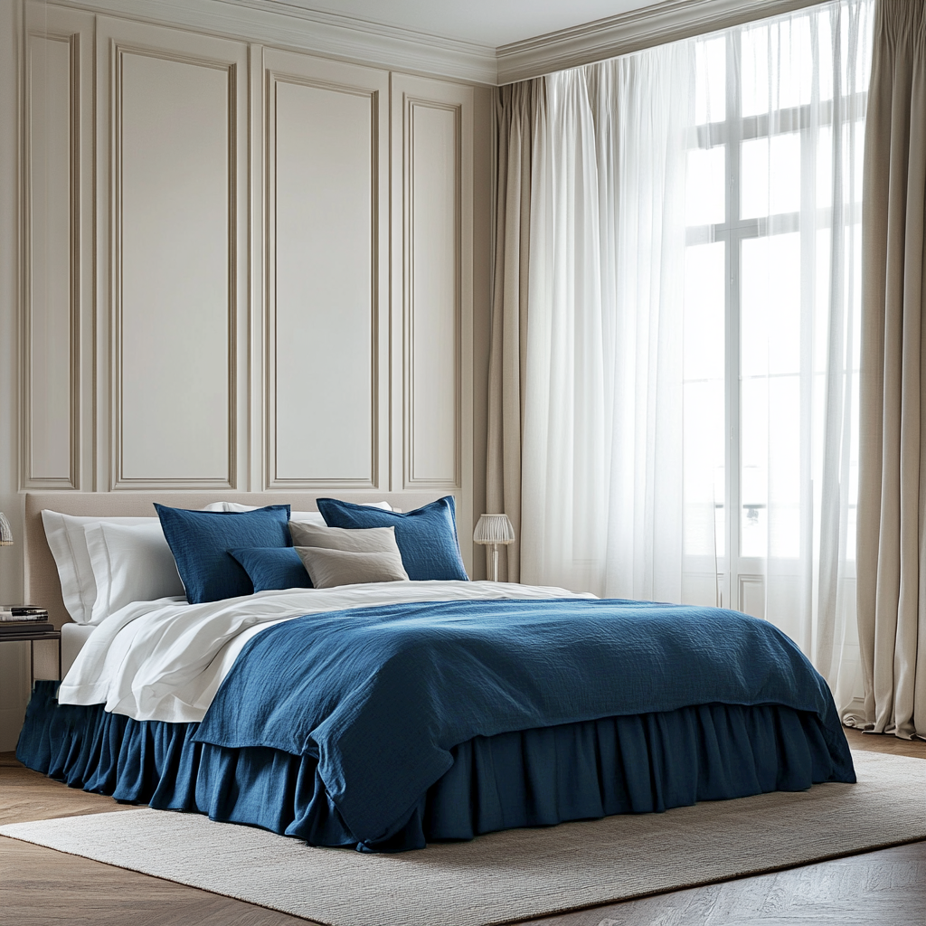 Peacock Blue Linen Bed Skirt Valance with Gathered Ruffles