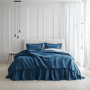 Peacock Blue Linen Bed Skirt Valance with Gathered Ruffles