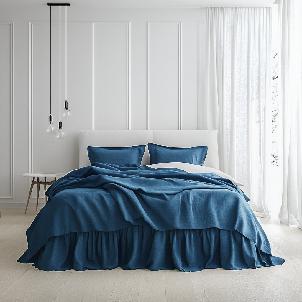 Peacock Blue Linen Bed Skirt Valance with Gathered Ruffles