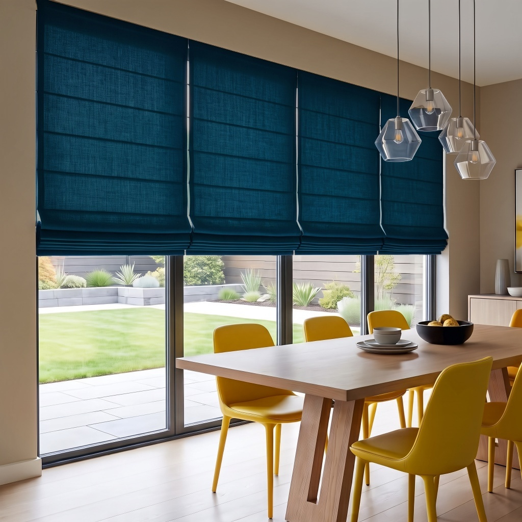 Peacock Blue Linen Cordless Roman Blinds in a Contemporary Dining Room with Taupe Walls and a Wooden Dining Table