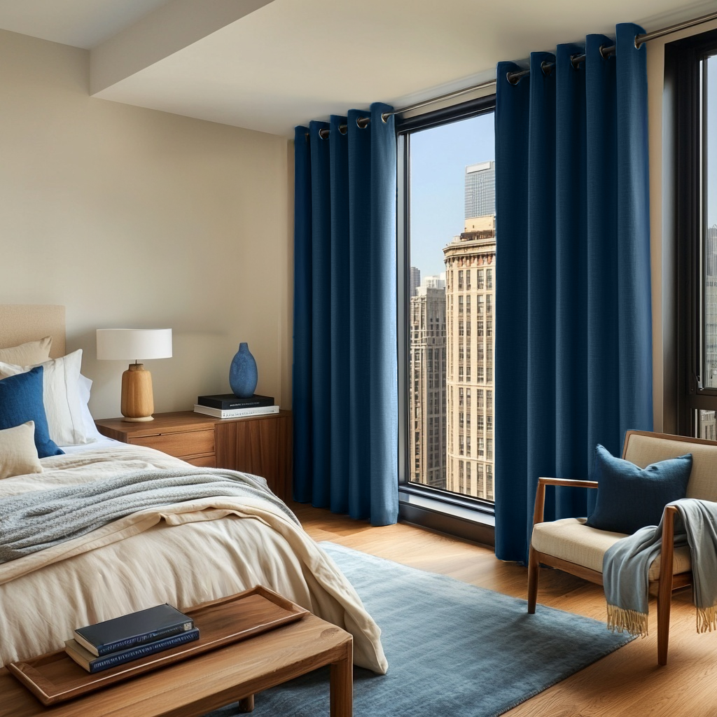 Bedroom Peacock Blue Linen Eyelet Curtains - Blackout Lining