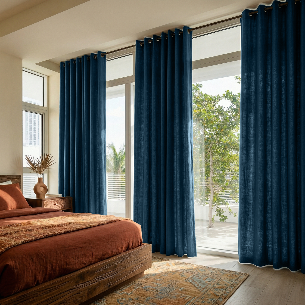 Peacock Blue Linen Eyelet Curtains in a Sunlit Bedroom with Cream Walls - Cotton Lining