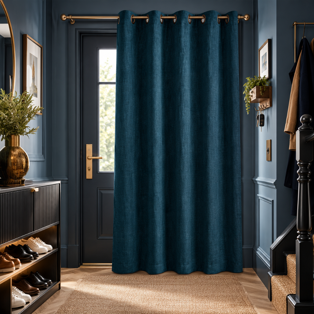 Thermal Door Curtains in a Hallway with Dark Blue Walls and a Black Console Table