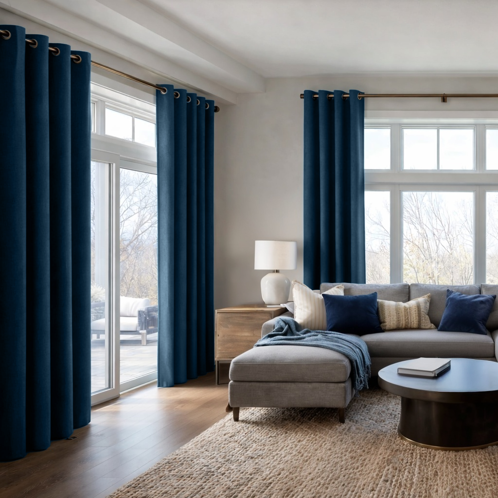 Peacock Blue Linen Eyelet Curtains - Blackout Lining