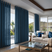 Peacock Blue Linen Eyelet Curtains
