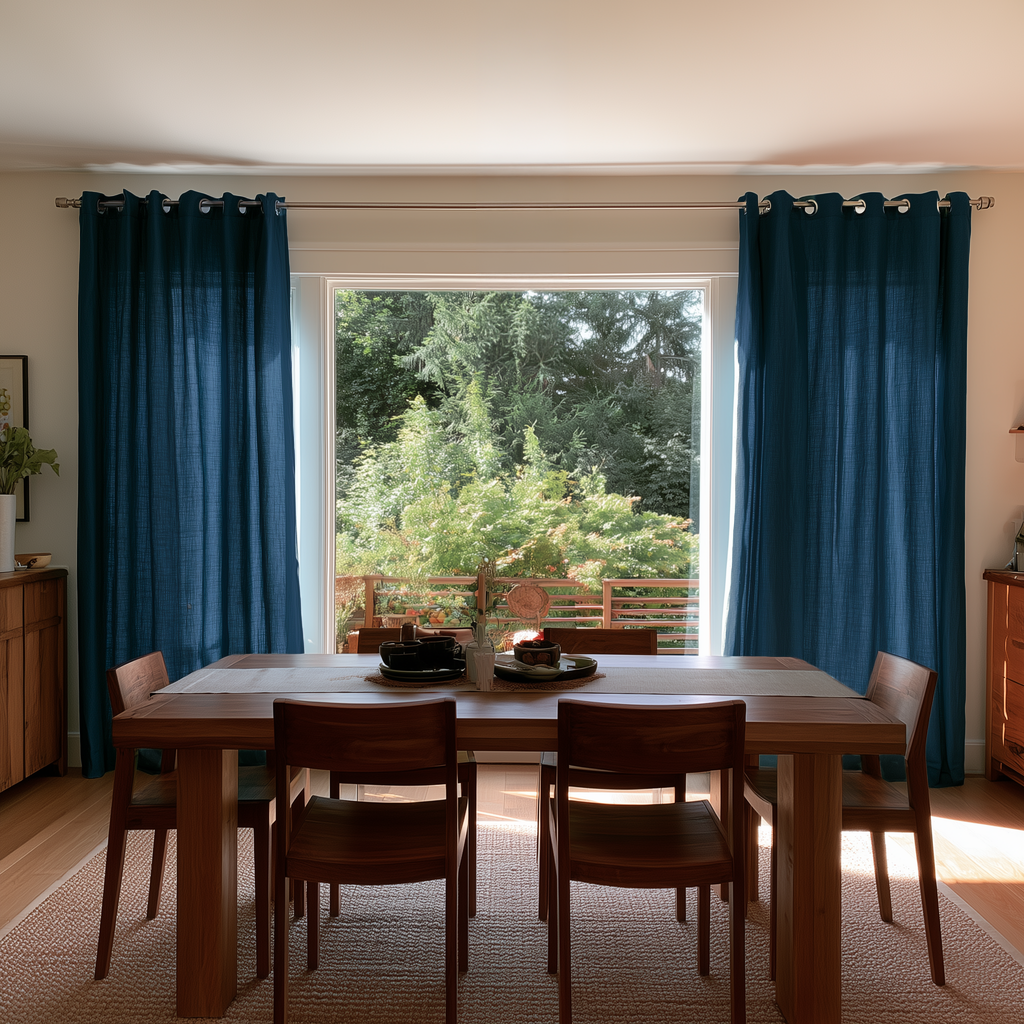 A pair of deep teal blue grommet curtains hanging on either side of a large window in a dining room with a wooden table and chairs.
