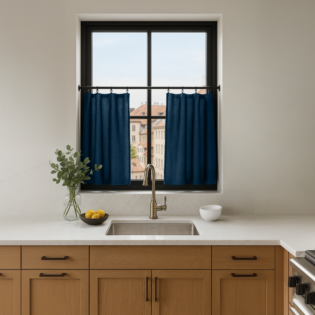 Peacock Blue Linen Cafe Curtains