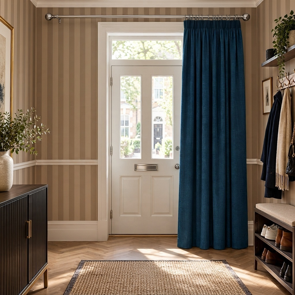 Thermal Door Curtains in a Hallway with Beige Striped Wallpaper and a Dark Wood Storage Unit