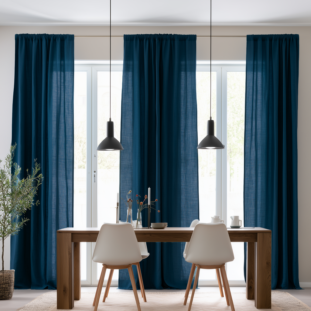 A pair of long navy blue curtain panels hanging in front of tall windows in a bright dining room with a wooden table, white chairs, and black pendant lights.