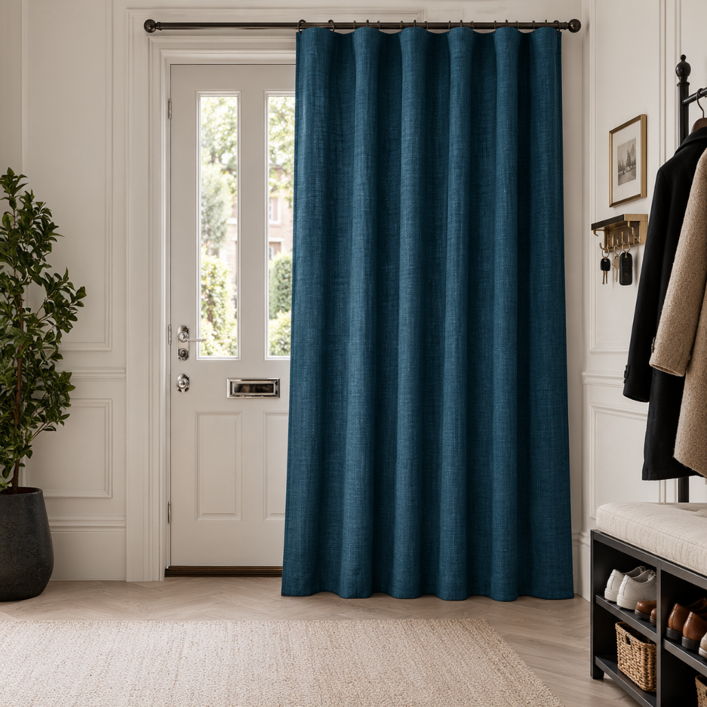 Thermal Door Curtains in a Hallway with White Walls and a Wood Shoe Bench