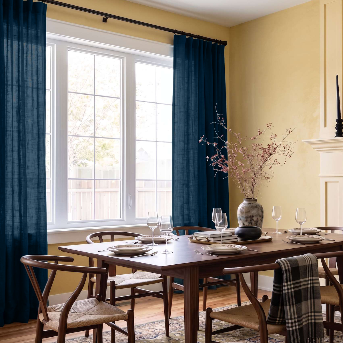 A pair of dark navy blue window curtains hanging on a black rod in a styled dining room with yellow walls, a wooden dining table, and chairs.