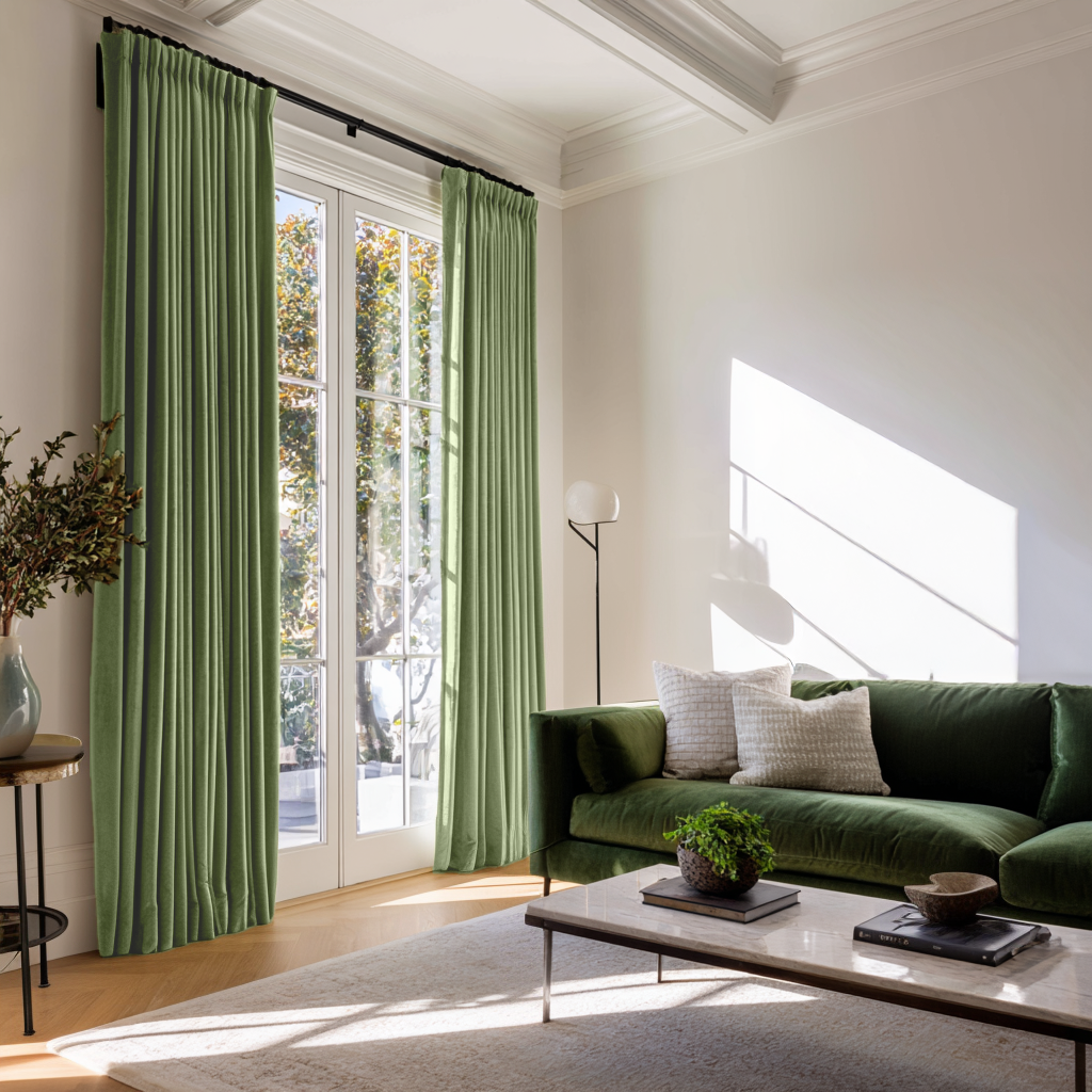 Sage Green Velvet Blackout Pencil Pleat Curtain Panel