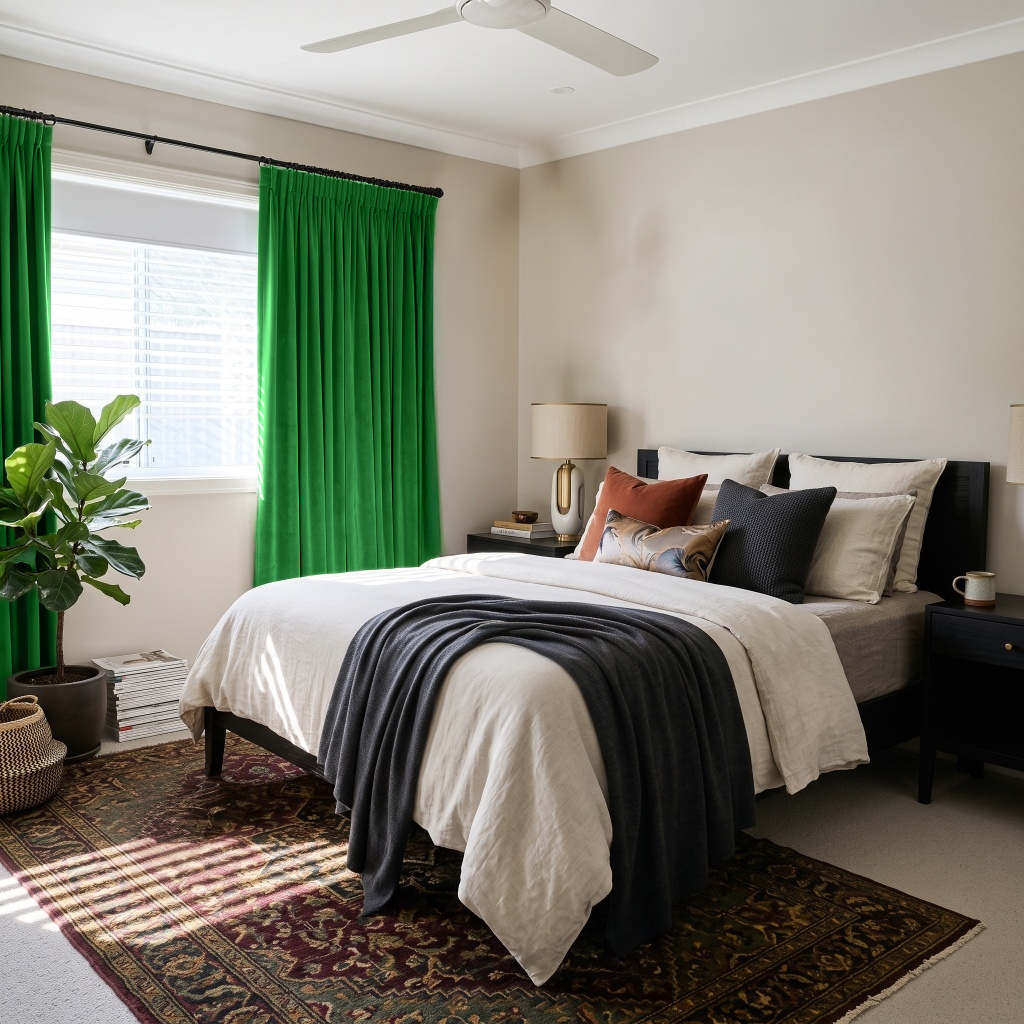Lime Green Velvet Pencil Pleat Curtains in a Contemporary Bedroom with Beige Walls and Charcoal Bedding