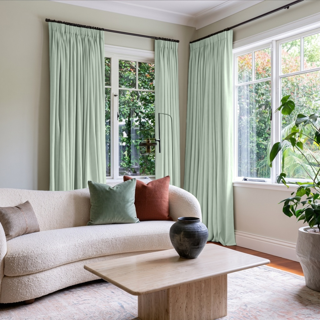 Mint Green Velvet Pencil Pleat Curtains in a Contemporary Living Room with Warm Neutral Walls and a Curved Cream Sofa