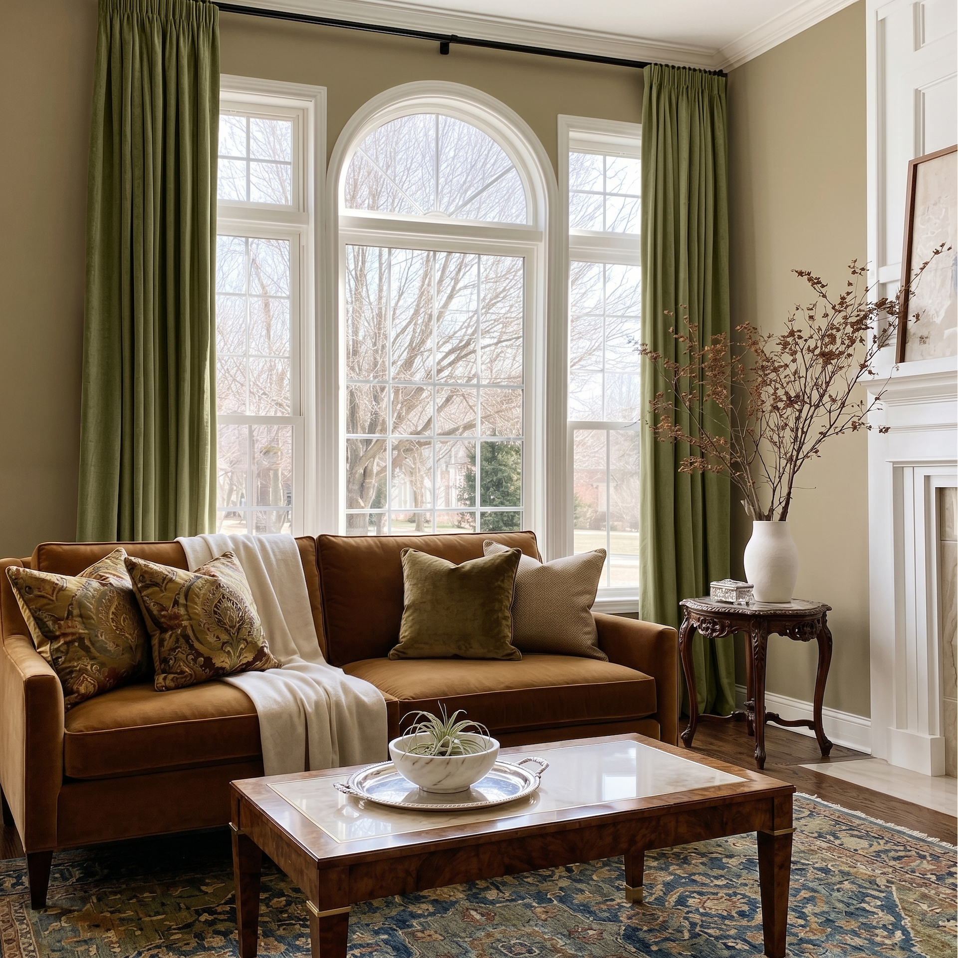 Olive Green Velvet Pencil Pleat Curtains in a Traditional Living Room with Taupe Walls and a Caramel Sofa