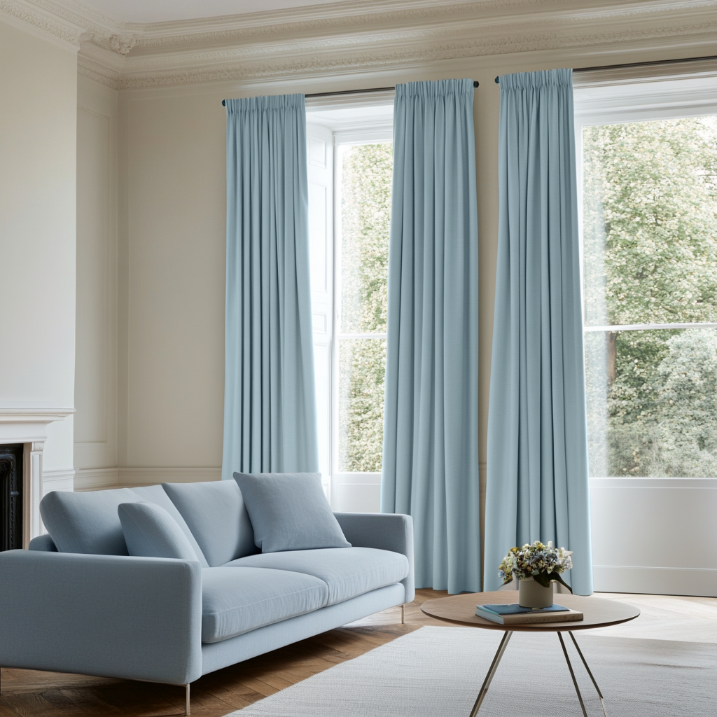 Sky Light Blue Pencil Pleat Curtains - Cotton Lined