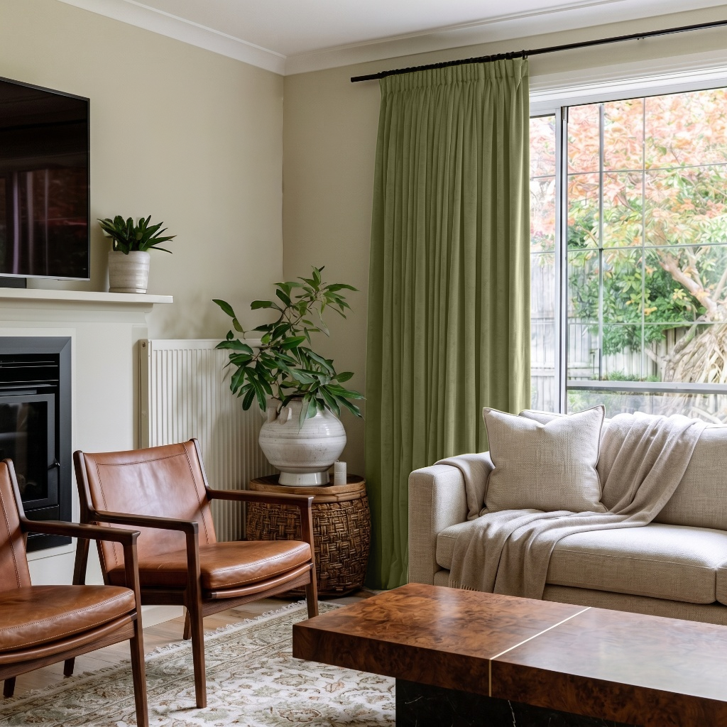 Olive Green Velvet Pencil Pleat Curtains in a Contemporary Living Room with Cream Walls and Cognac Leather Chairs