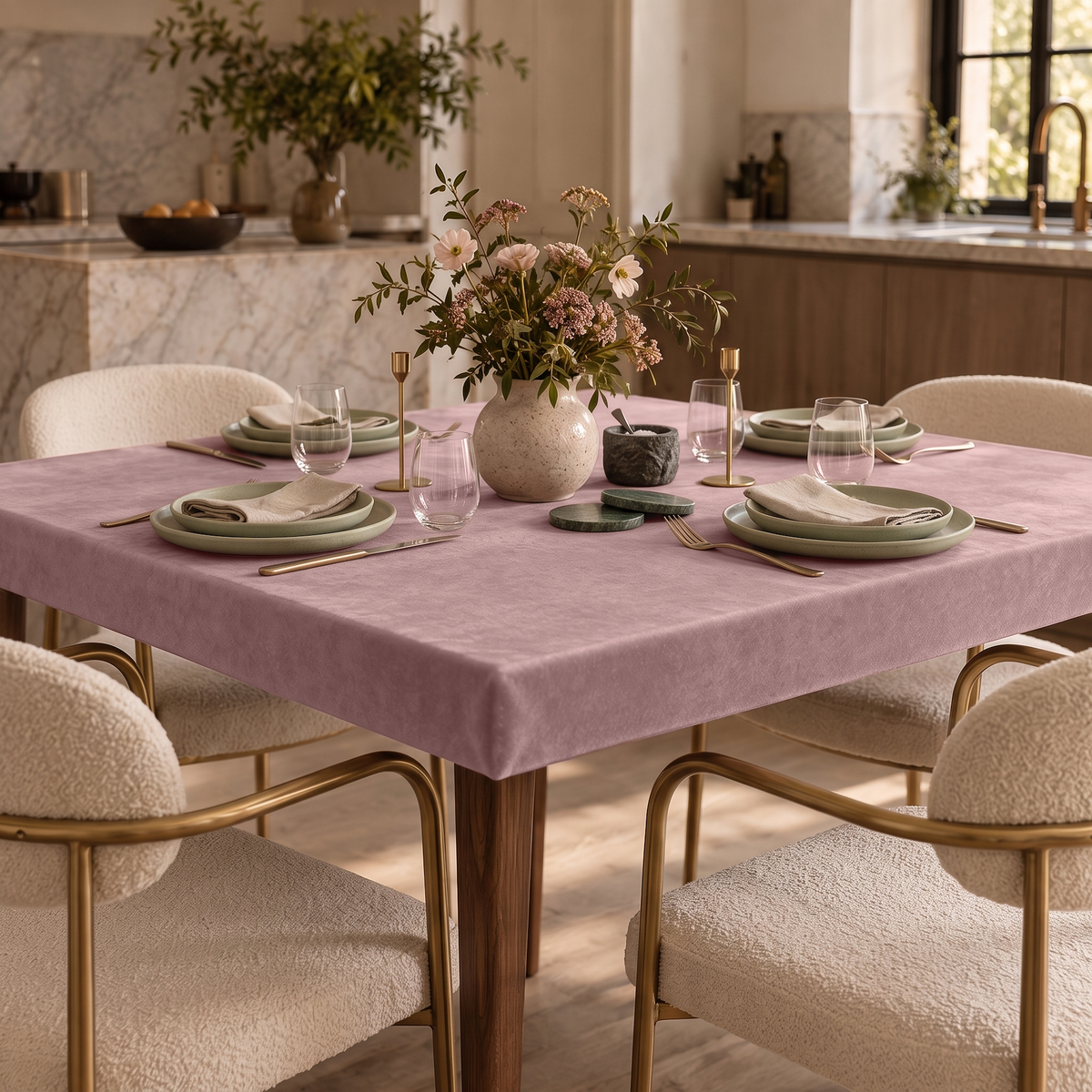 Pink Fitted Square Velvet Tablecloth in a Contemporary Kitchen with Cream Bouclé Chairs
