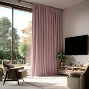 Pink Velvet Back Tab Blackout Curtains for Bifold Doors in a Living Room with Off-White Walls