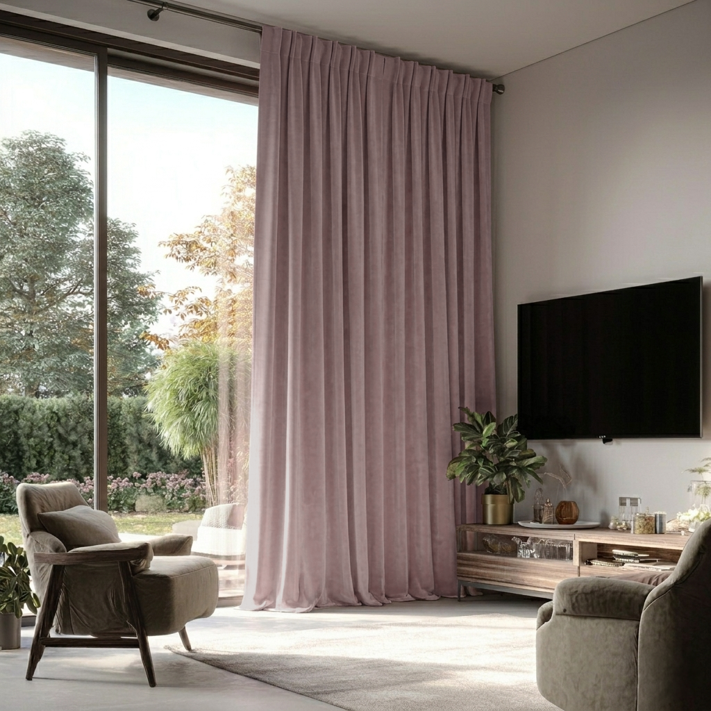 Pink Velvet Back Tab Blackout Curtains for Bifold Doors in a Living Room with Off-White Walls