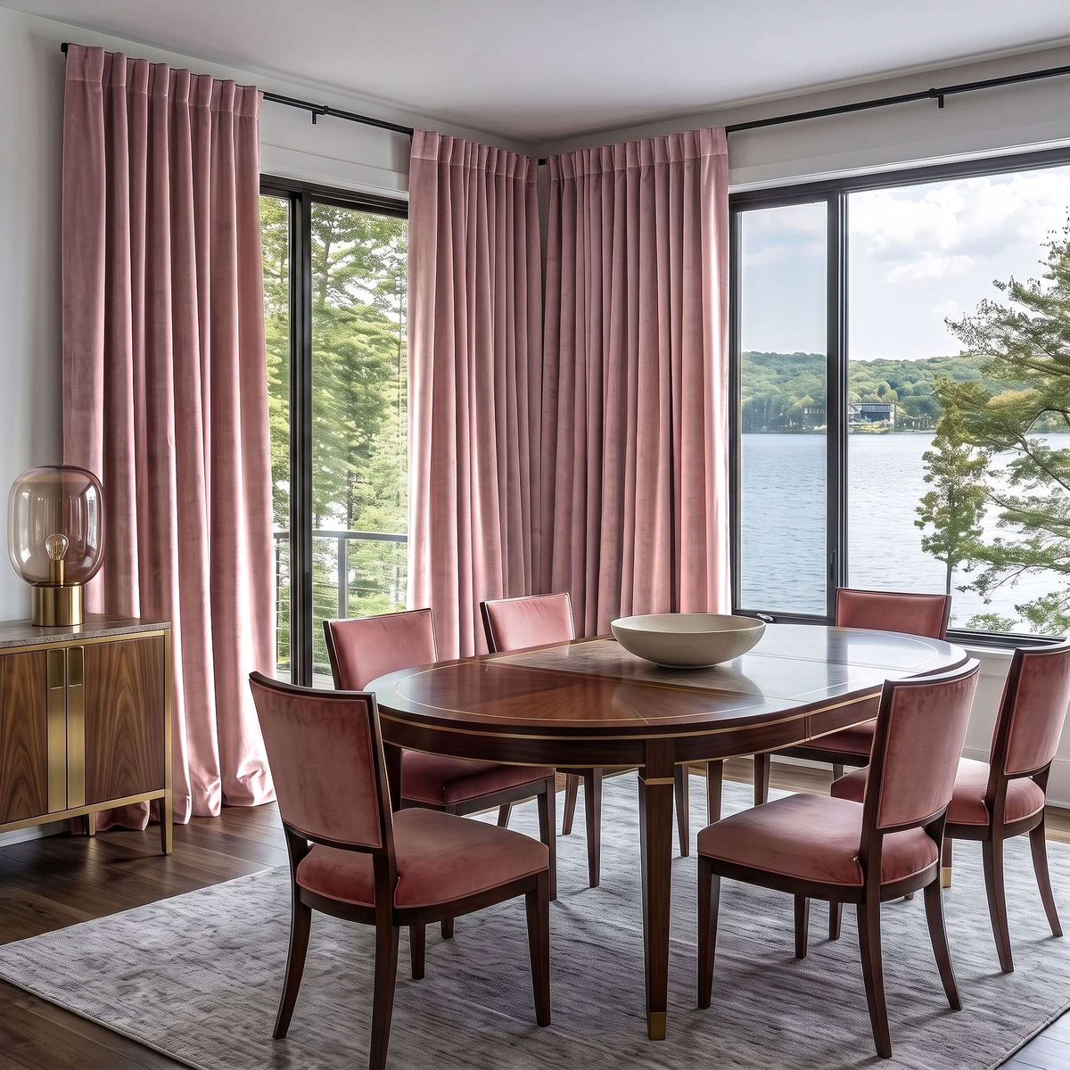 A dining room corner with a round wooden dining table and six blush pink upholstered chairs, set on a light gray rug in front of large windows with matching pink curtains and a lake view.