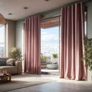 Pink Velvet Eyelet Blackout Curtains for Bifold Doors in a Living Room with White Walls