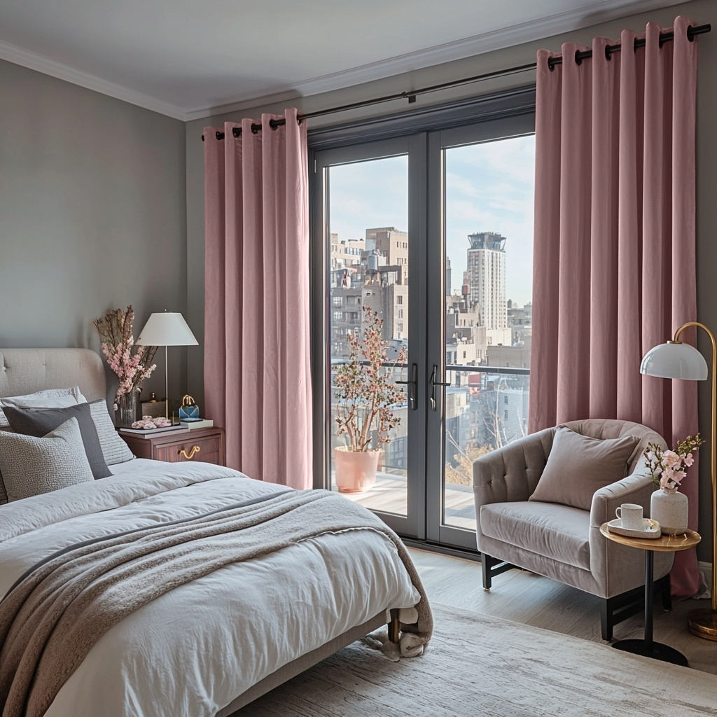 Pink Velvet Eyelet Blackout Curtains in a Bedroom with Grey Walls