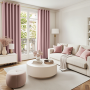Pink Velvet Eyelet Blackout Curtains in a Living Room with Off-White Walls