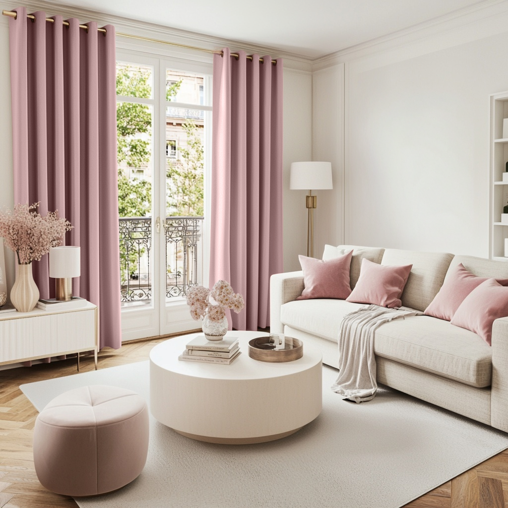 Pink Velvet Eyelet Blackout Curtains in a Living Room with Off-White Walls
