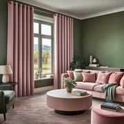 Pink Velvet Eyelet Blackout Curtains in a Living Room with Olive Green Walls