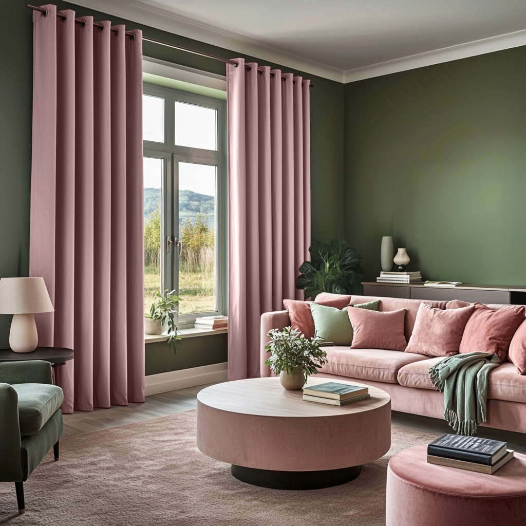 Pink Velvet Eyelet Blackout Curtains in a Living Room with Olive Green Walls