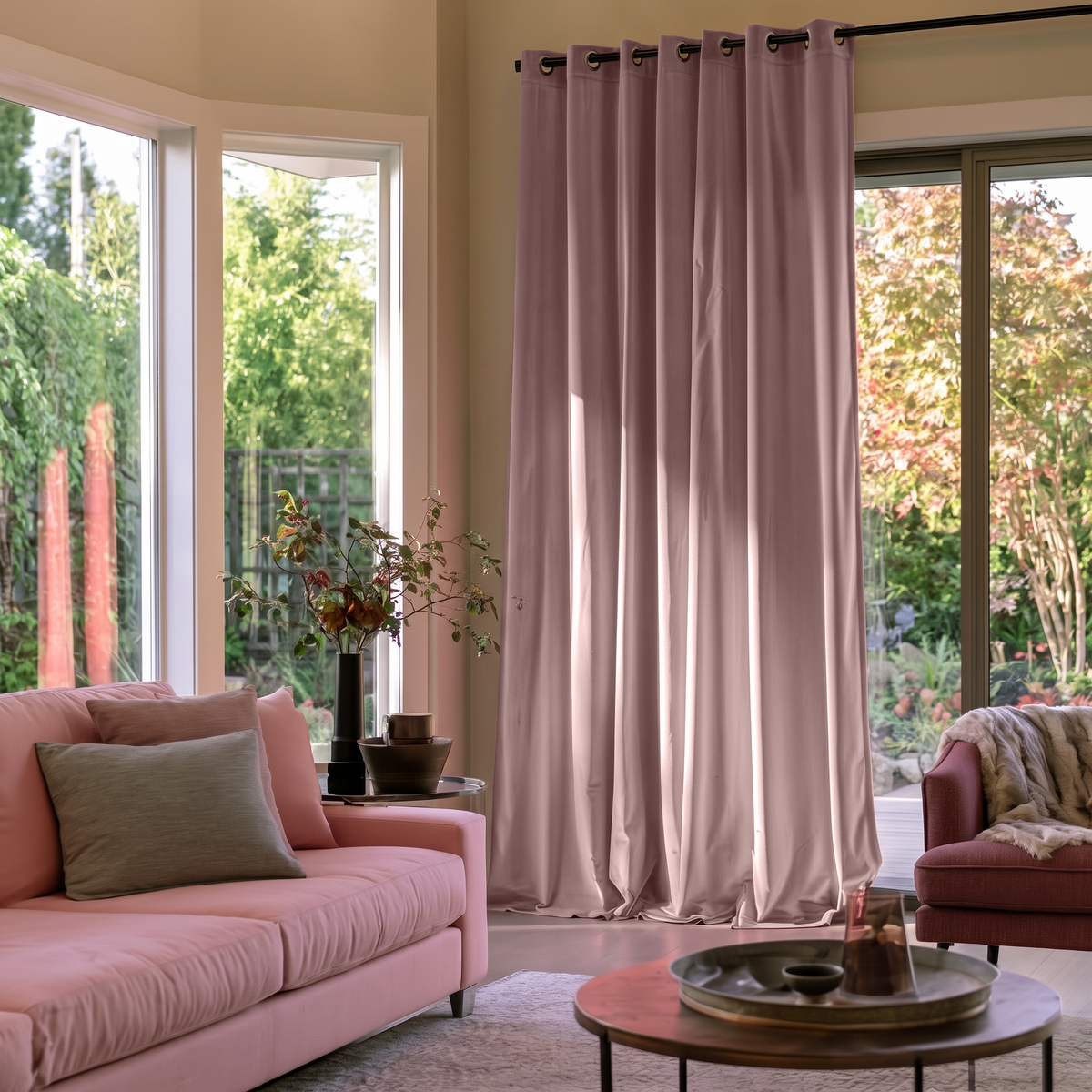 Pink Velvet Eyelets Extra Long Curtains in a Bright Living Room with Pink Sofa, Green Garden Views, and a Round Wooden Coffee Table