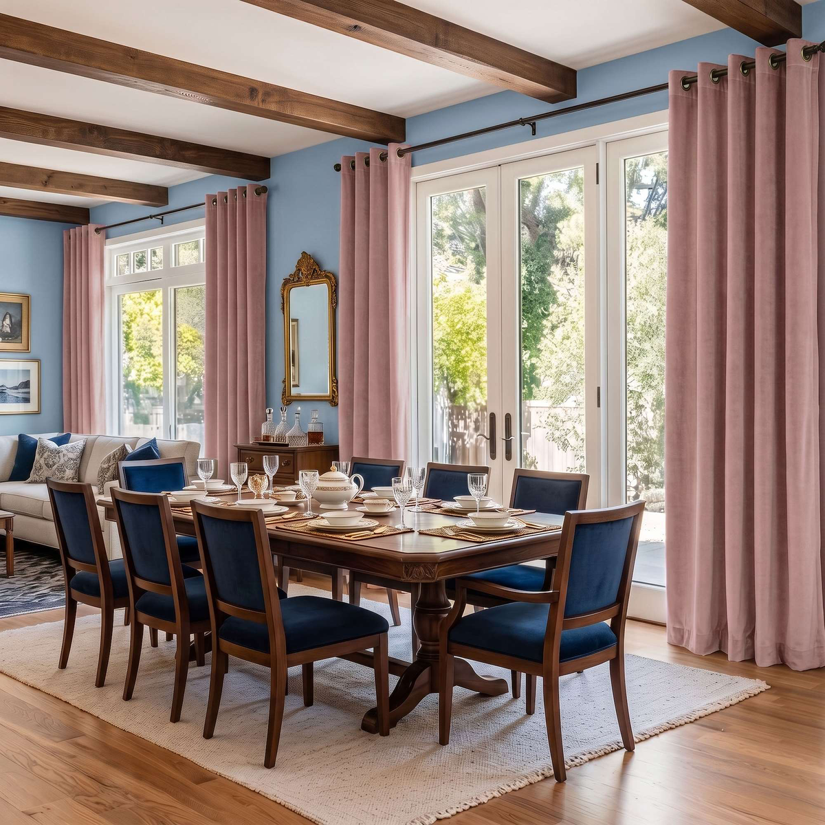 A styled dining room interior featuring a dark wood dining table and matching chairs with deep blue upholstery, set on a light rug in a room with blue walls, pink curtains, and exposed wooden ceiling beams.