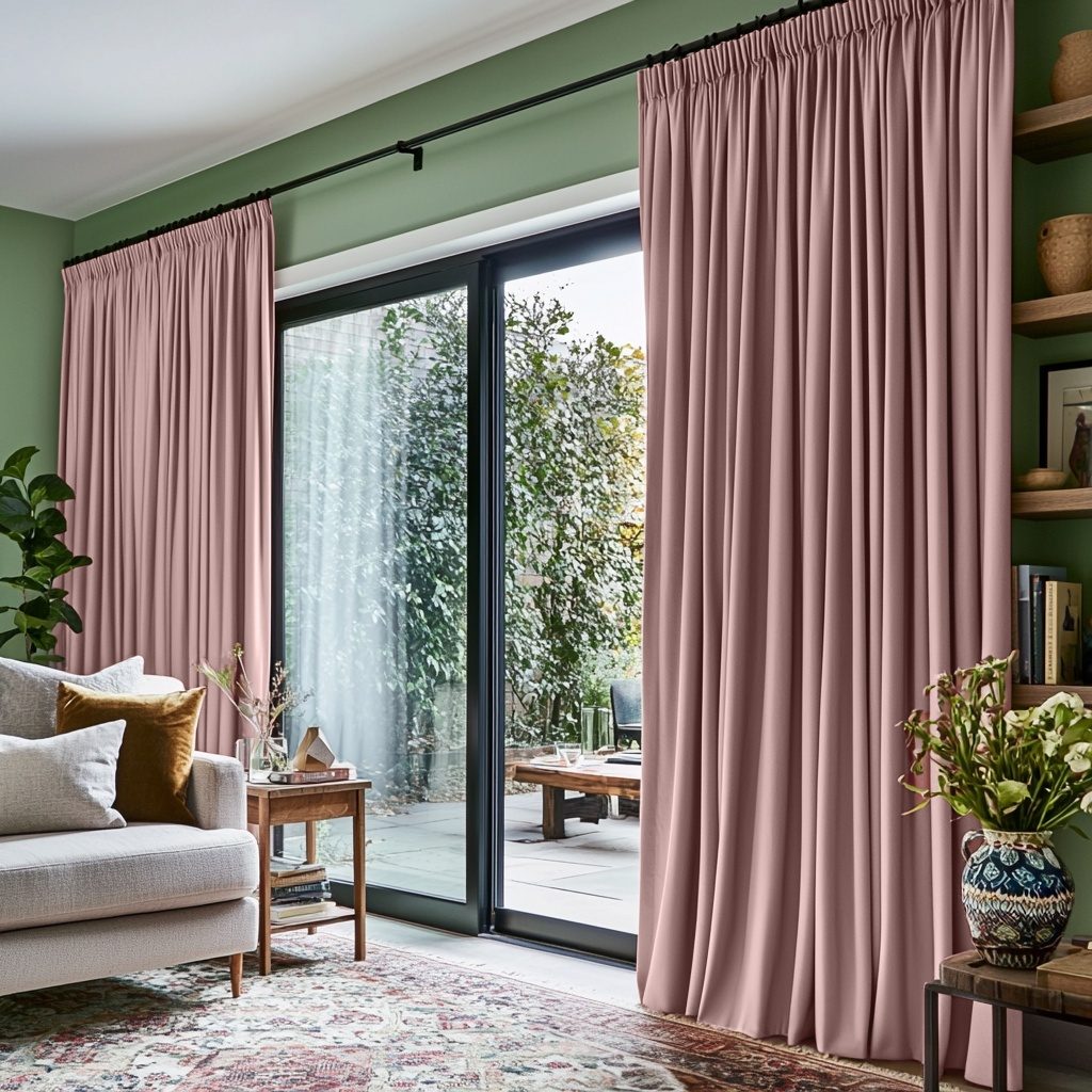 Pink Velvet Pencil Pleat Blackout Curtains for Bifold Doors in a Living Room with Sage Green Walls