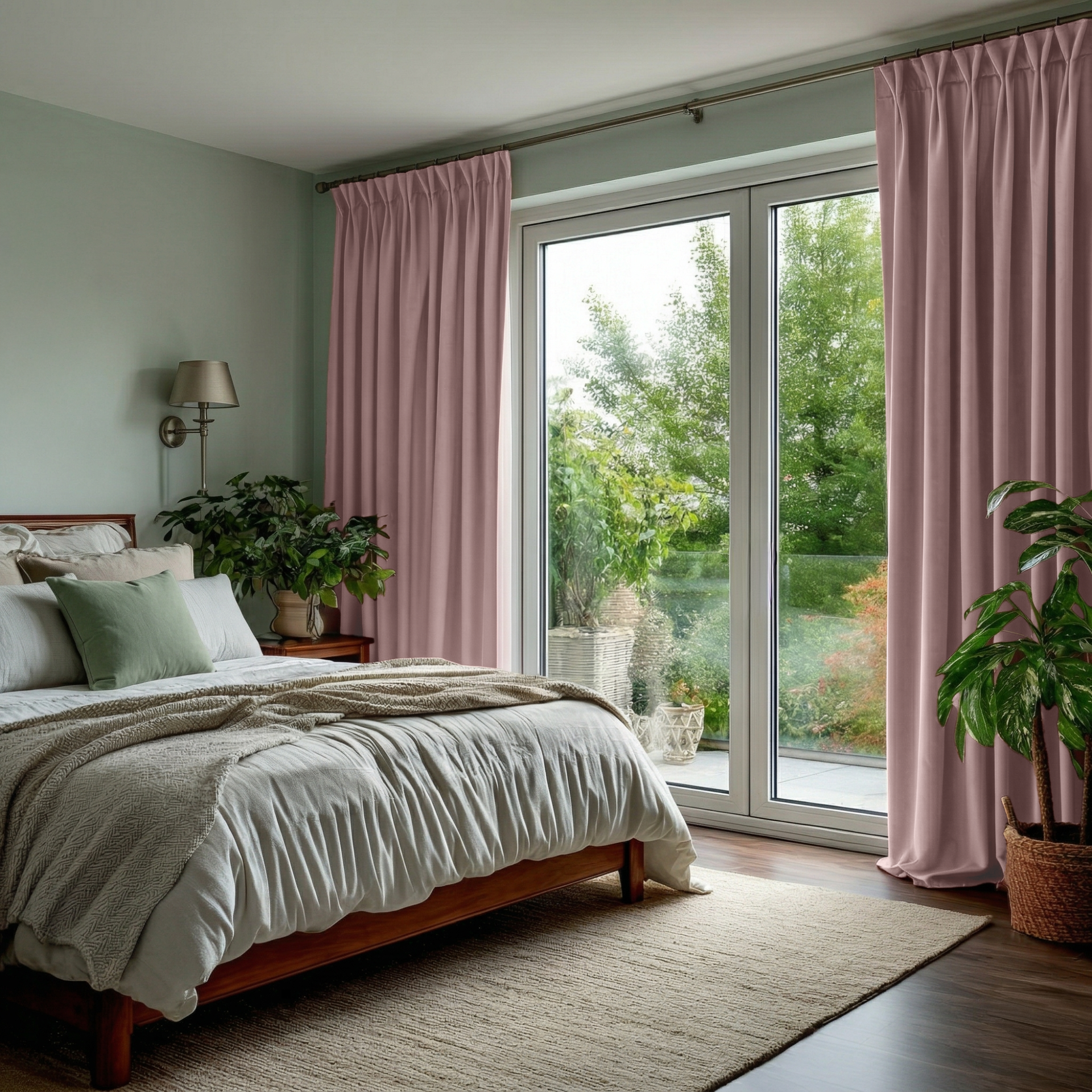 Pink Velvet Pinch Pleat Blackout Curtains for Bifold Doors in a Bedroom with Green Walls