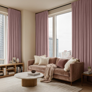 Pink Velvet Rod Pocket Blackout Curtains in a Living Room with Warm Cream Walls