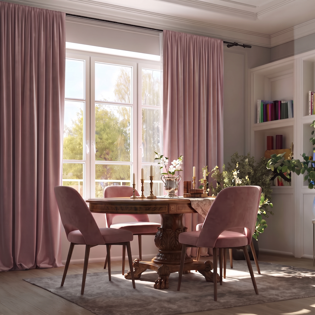 A styled dining room featuring dusty pink curtains hanging on either side of a tall window, with a round wooden table and matching pink upholstered chairs in front.