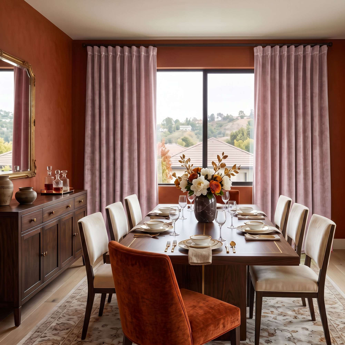 A styled dining room with a dark wood dining table set for six, surrounded by cream upholstered chairs and a prominent rust-orange velvet chair in the foreground. The room features terracotta walls, matching pink pleated curtains, and a large window overlooking a landscape.